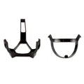 Two black metal brackets and a small screw on a white background