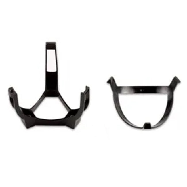Two black metal brackets and a small screw on a white background