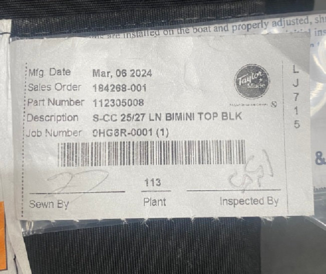 Chris Craft 25/27 Corsair & Launch Jet Black Bimini Top w/ Boot Kit 112305008