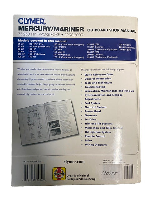 Clymer Mercury Mariner 75-250 HP (1998-2009) Two Stroke Outboard Shop Manual B727