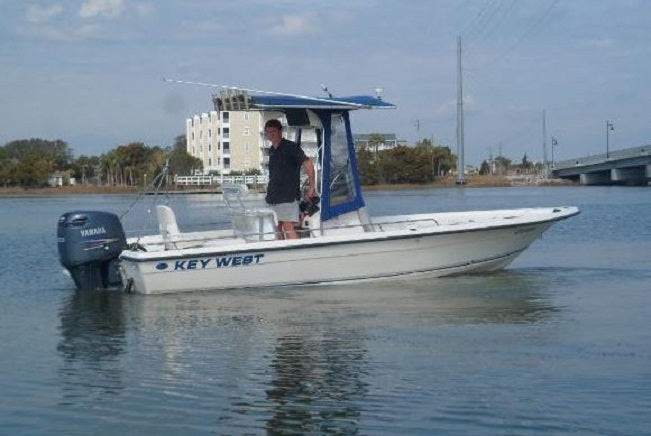 Key West Boats 186/196/216 CC Bay Reef w/ T-Top Sunbrella Mediterranean Blue Tweed Spray Shield 2234R2-53